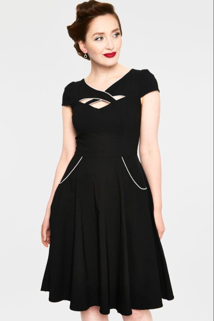 VOODOO VIXEN | Connie Black Piped Cutout Neck Retro Fit and Flare Dress | Small